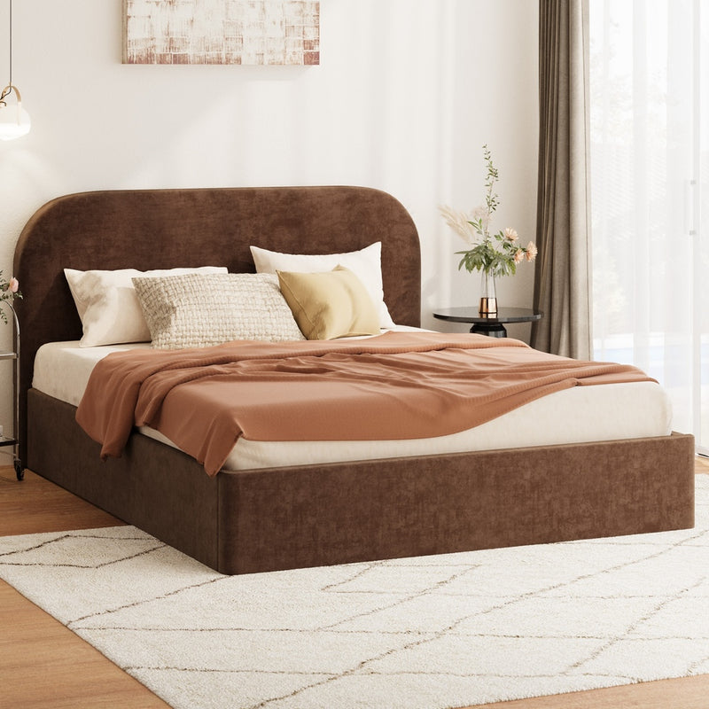 Oikiture Queen Bed Frame Gas Lift Storage Velvet Brown