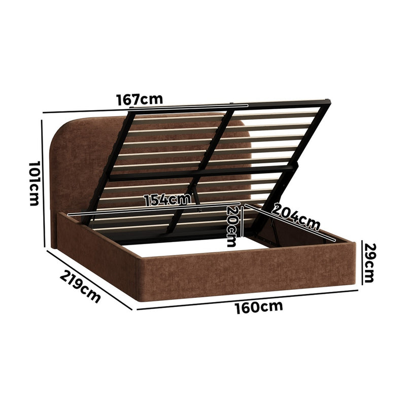 Oikiture Queen Bed Frame Gas Lift Storage Velvet Brown