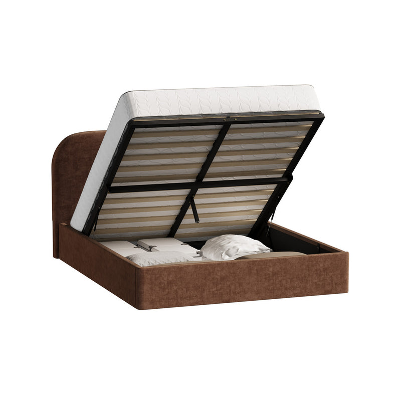 Oikiture Queen Bed Frame Gas Lift Storage Velvet Brown