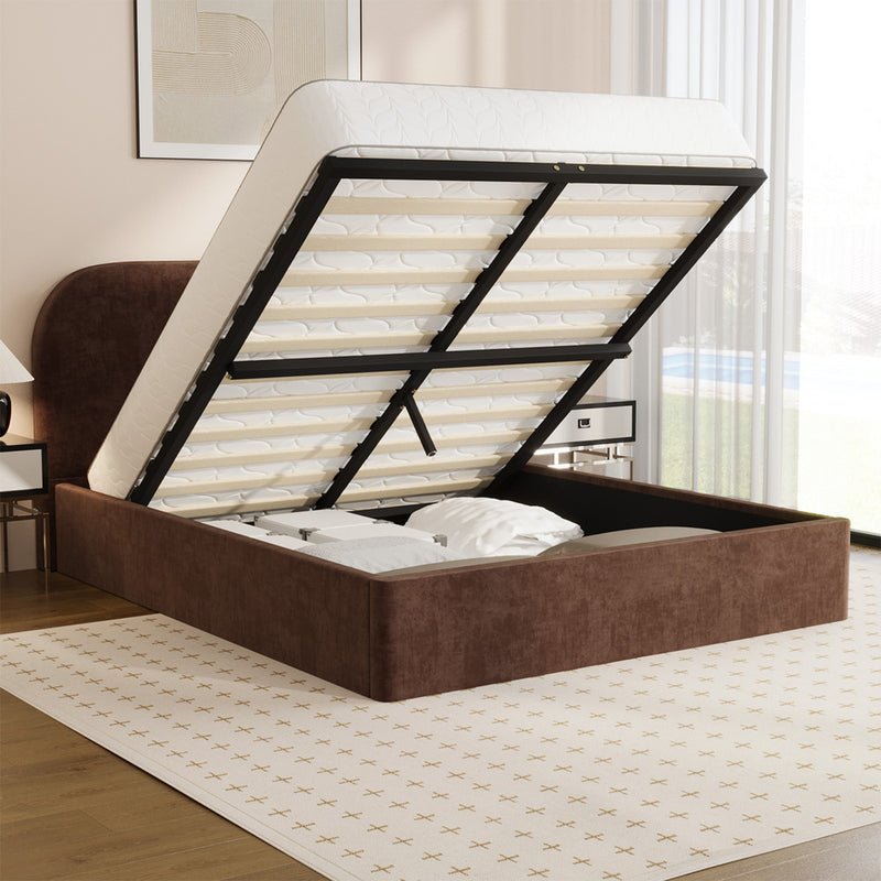 Oikiture Queen Bed Frame Gas Lift Storage Velvet Brown