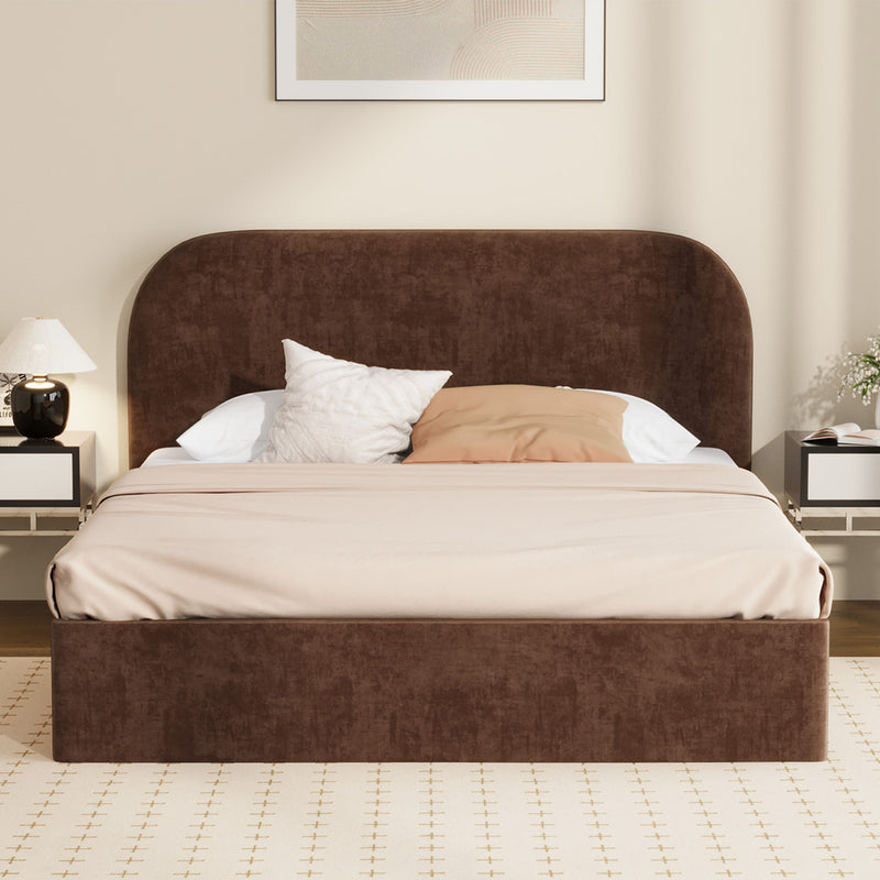 Oikiture Queen Bed Frame Gas Lift Storage Velvet Brown