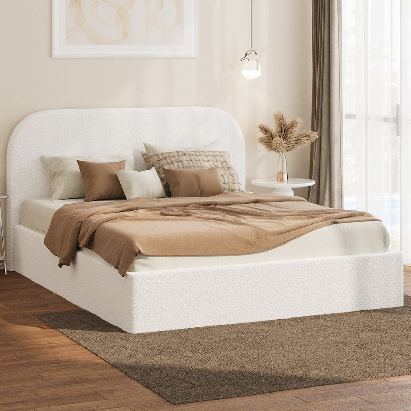 Oikiture Bed Frame Queen Gas Lift Base Storage Boucle Rounded Corner