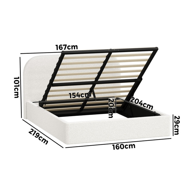 Oikiture Bed Frame Queen Gas Lift Base Storage Boucle Rounded Corner