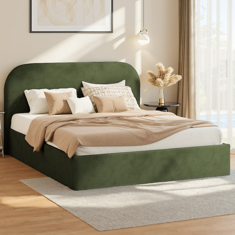 Oikiture Bed Frame Queen Gas Lift Base Storage Velvet Rounded Corner