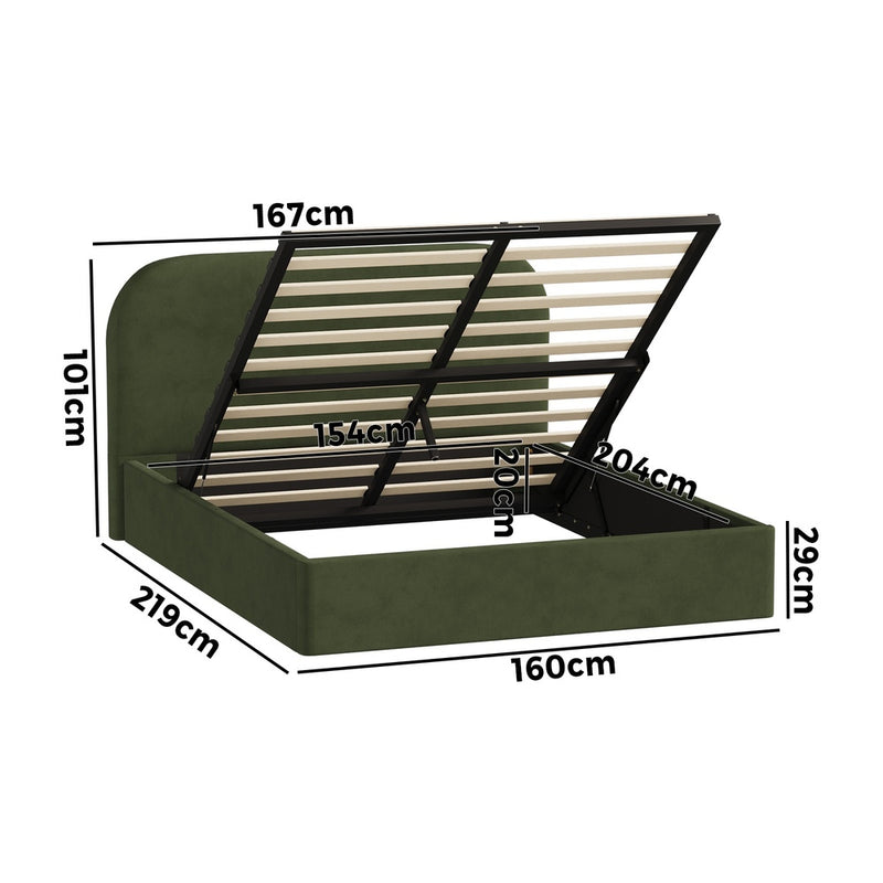 Oikiture Bed Frame Queen Gas Lift Base Storage Velvet Rounded Corner