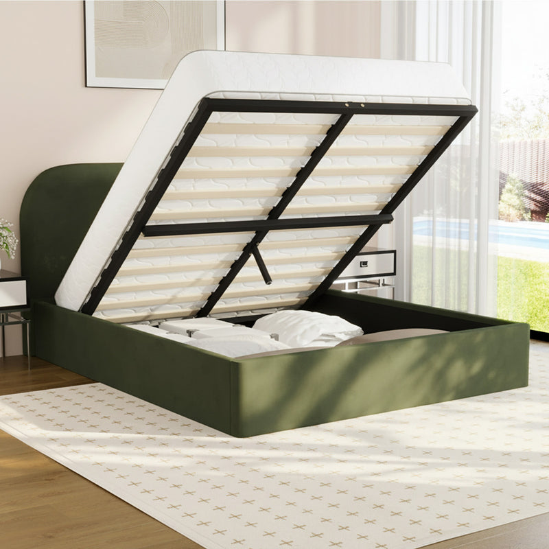 Oikiture Bed Frame Queen Gas Lift Base Storage Velvet Rounded Corner