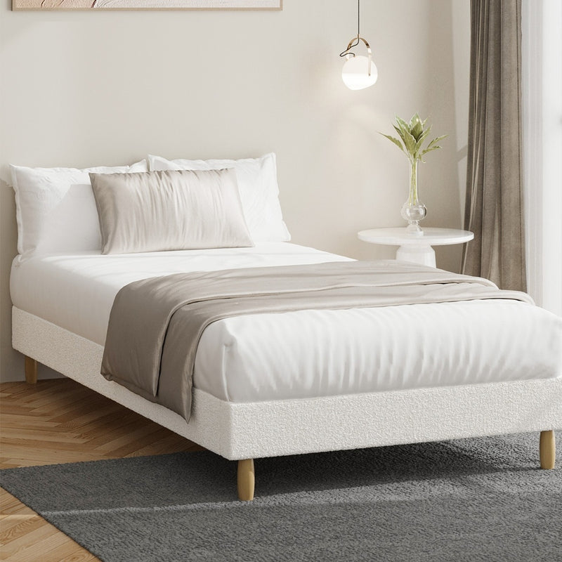 Oikiture Bed Frame King Single Size Bed Base White Boucle
