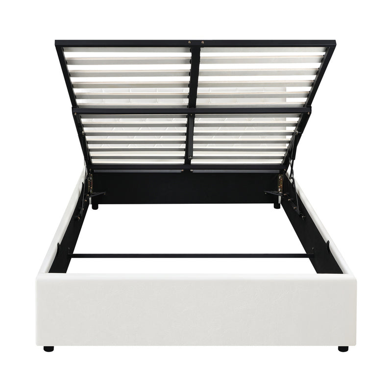 Oikiture Bed Frame Double Size Gas Lift Base Storage Leather White