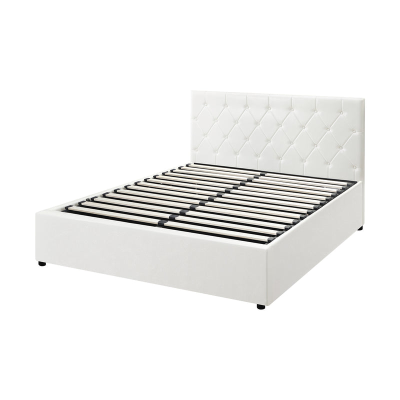 Oikiture Bed Frame Double Size Gas Lift Base Storage Leather White