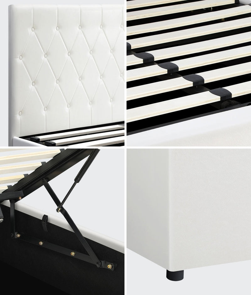 Oikiture Bed Frame Double Size Gas Lift Base Storage Leather White