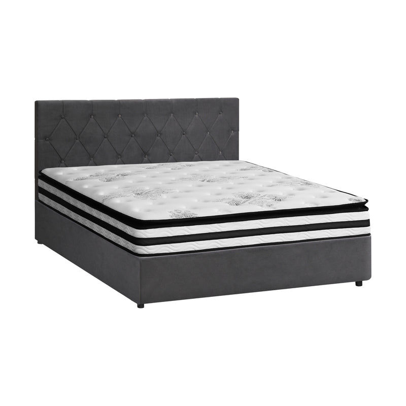 Oikiture Bed Frame Double Size Gas Lift Base with Mattress Velvet Grey