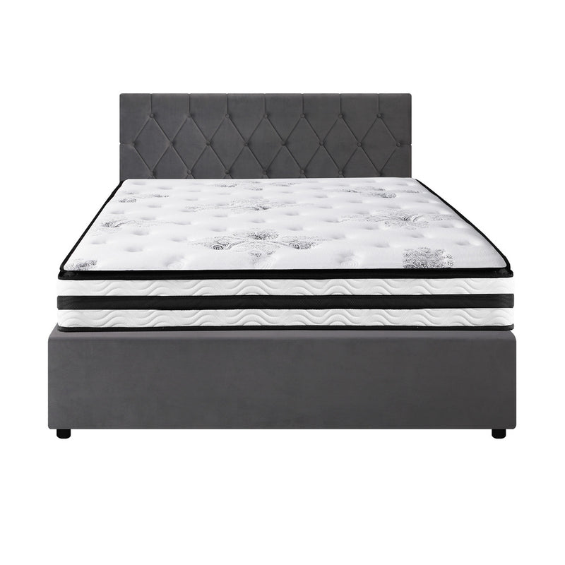 Oikiture Bed Frame Double Size Gas Lift Base with Mattress Velvet Grey