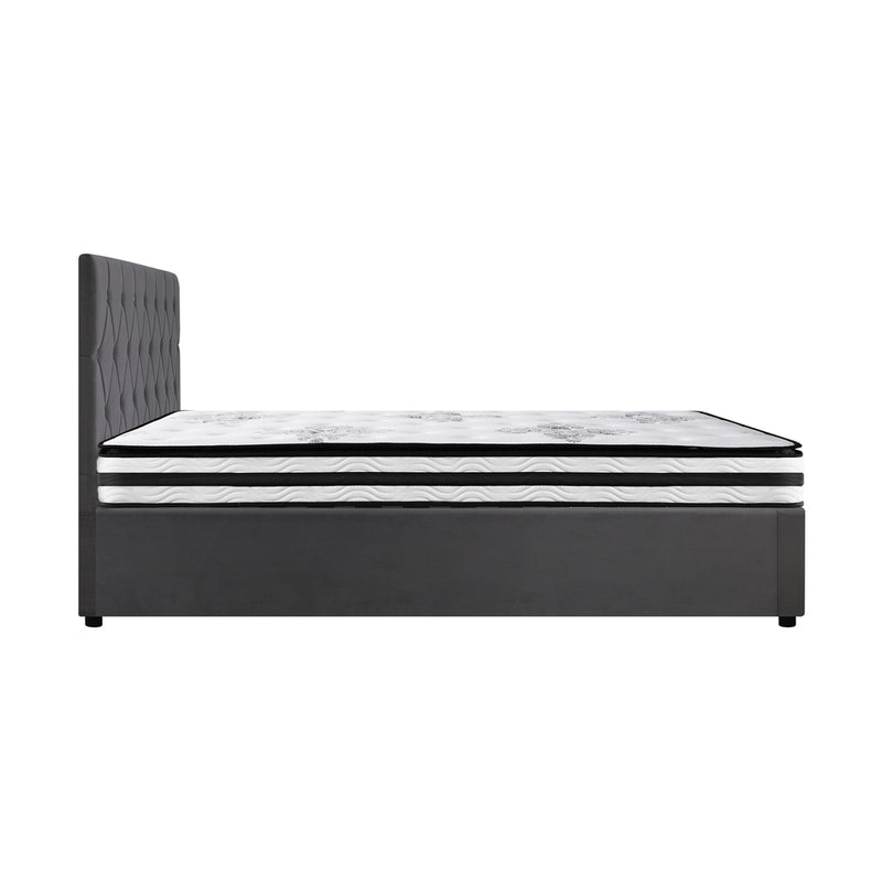 Oikiture Bed Frame Double Size Gas Lift Base with Mattress Velvet Grey