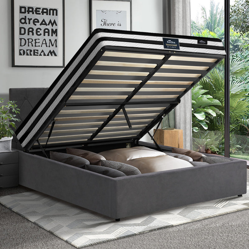 Oikiture Bed Frame Double Size Gas Lift Base with Mattress Velvet Grey