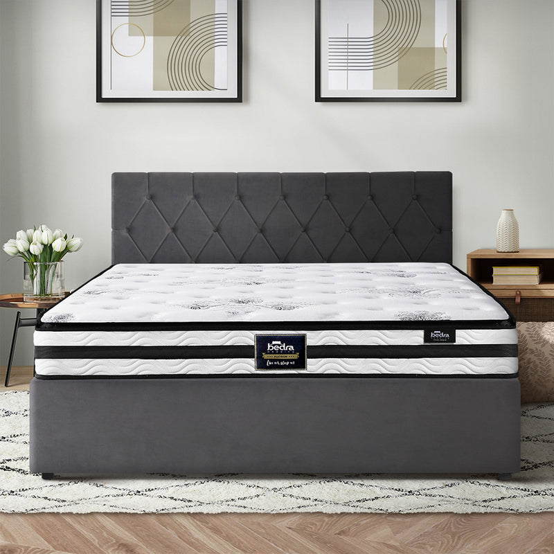 Oikiture Bed Frame Double Size Gas Lift Base with Mattress Velvet Grey