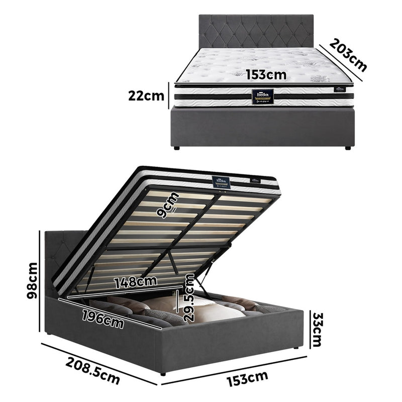 Oikiture Bed Frame Queen Size Gas Lift Base with Mattress Velvet Grey