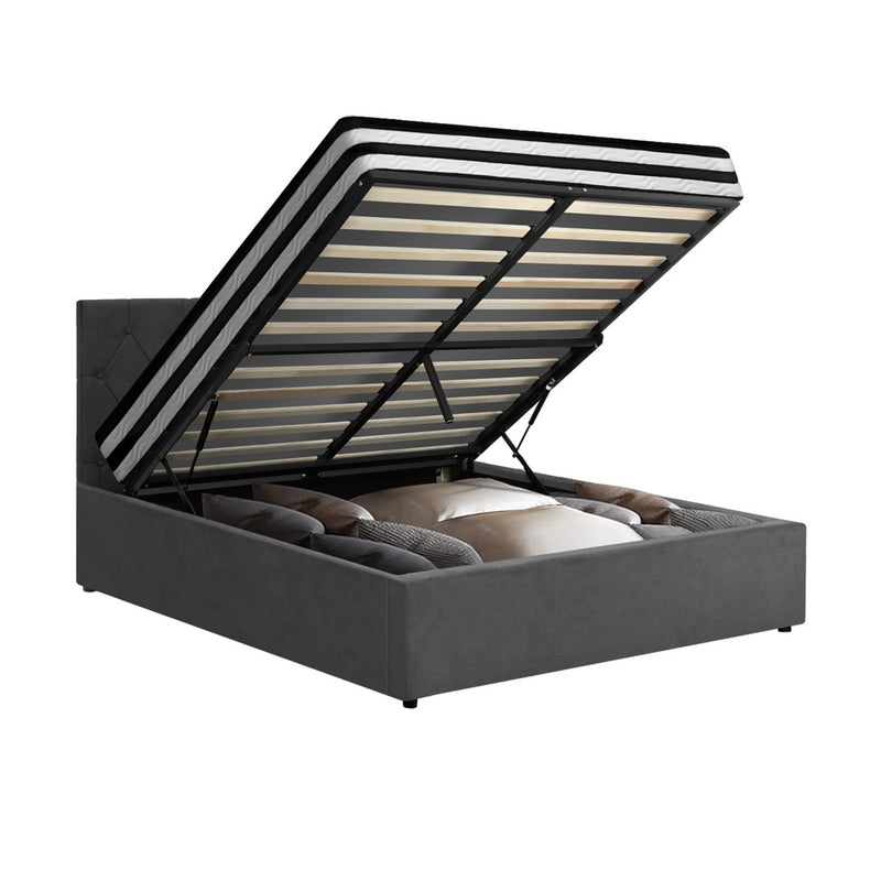 Oikiture Bed Frame Queen Size Gas Lift Base with Mattress Velvet Grey