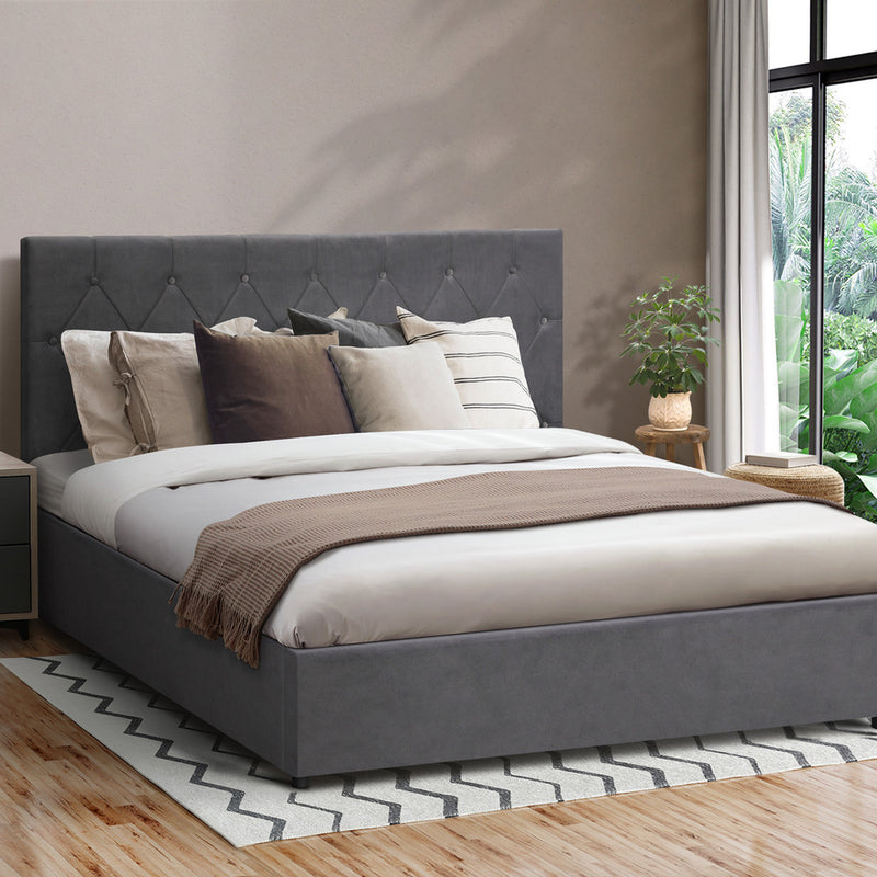 Oikiture Bed Frame King Size Gas Lift Base Storage Fabric Grey