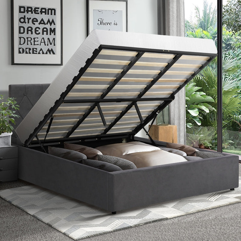 Oikiture Bed Frame King Size Gas Lift Base Storage Fabric Grey