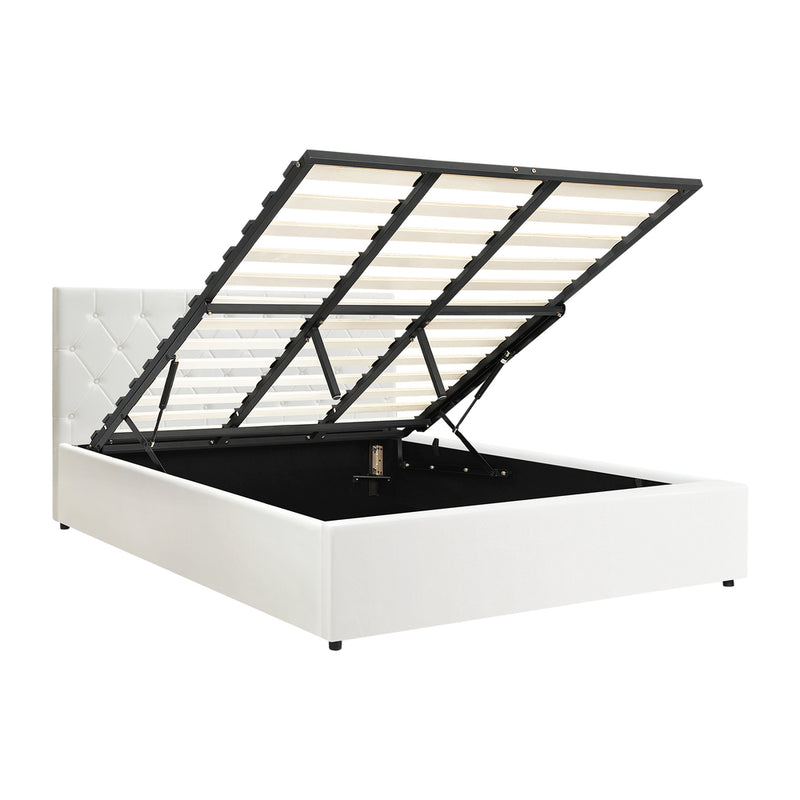 Oikiture Bed Frame King Size Gas Lift Base Storage Leather White