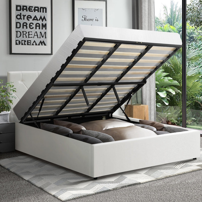 Oikiture Bed Frame King Size Gas Lift Base Storage Leather White