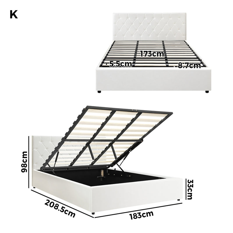 Oikiture Bed Frame King Size Gas Lift Base Storage Leather White