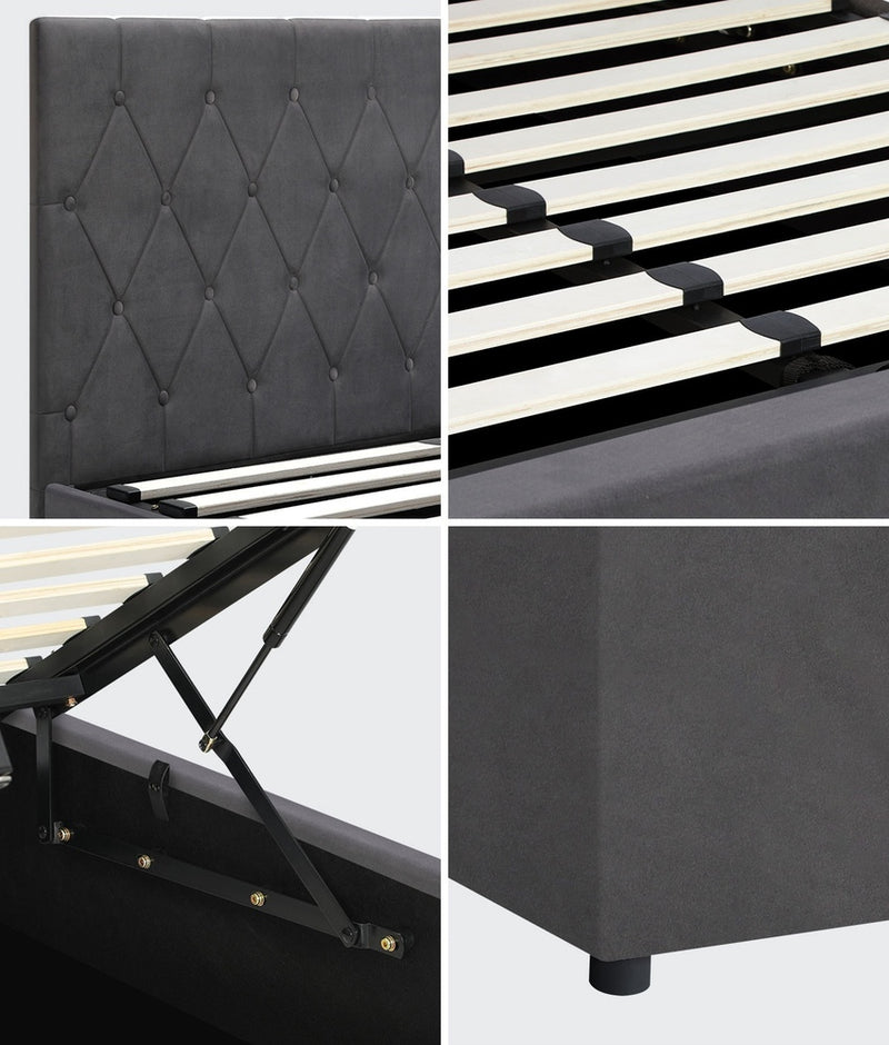 Oikiture Bed Frame Queen Size Gas Lift Base Storage Fabric Grey