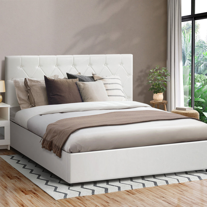Oikiture Bed Frame Queen Size Gas Lift Base Storage Leather White