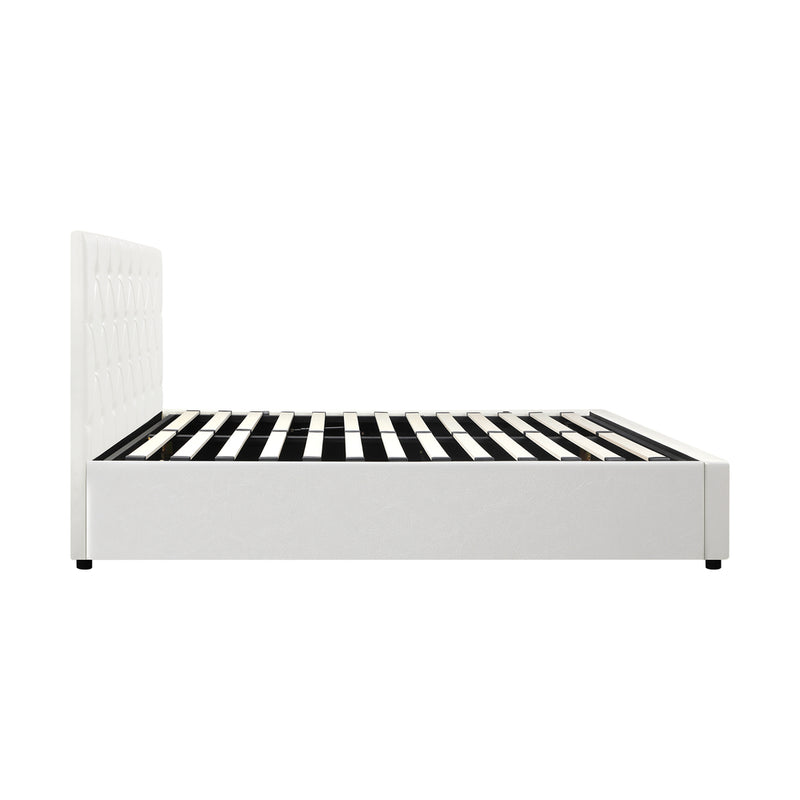 Oikiture Bed Frame Queen Size Gas Lift Base Storage Leather White