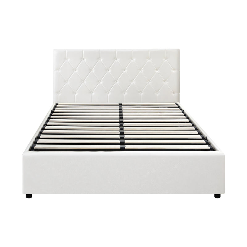 Oikiture Bed Frame Queen Size Gas Lift Base Storage Leather White