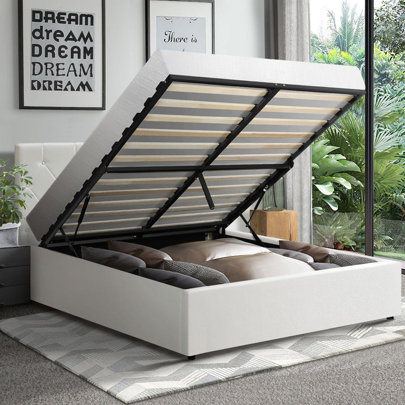 Oikiture Bed Frame Queen Size Gas Lift Base Storage Leather White