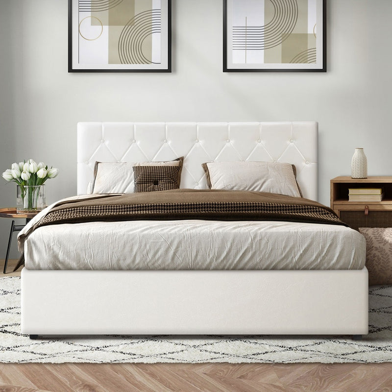 Oikiture Bed Frame Queen Size Gas Lift Base Storage Leather White