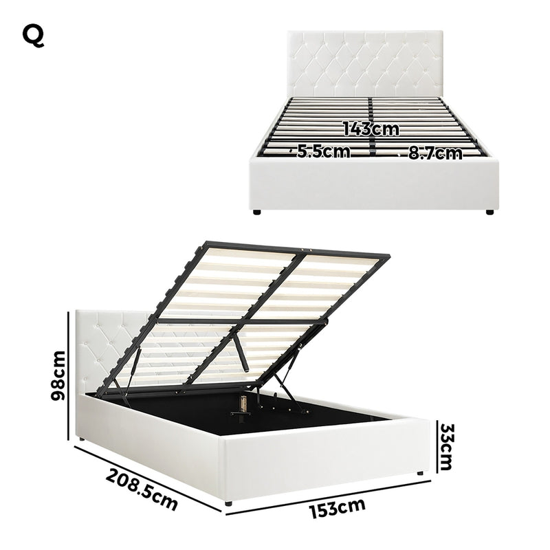 Oikiture Bed Frame Queen Size Gas Lift Base Storage Leather White