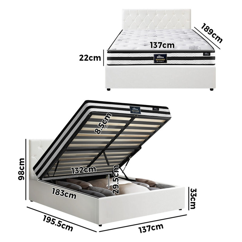 Oikiture Bed Frame Double Size Gas Lift with Mattress White Leather