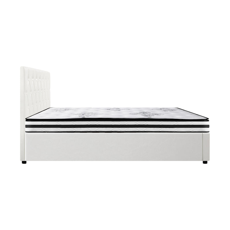Oikiture Bed Frame Double Size Gas Lift with Mattress White Leather