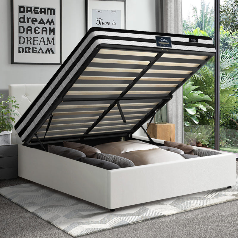 Oikiture Bed Frame Double Size Gas Lift with Mattress White Leather