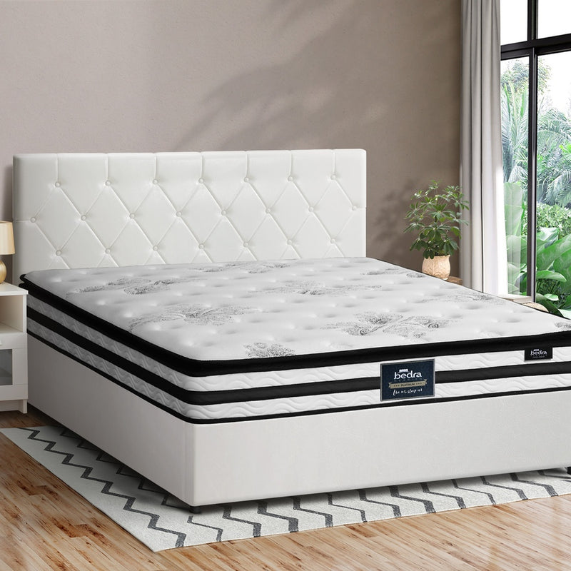 Oikiture Bed Frame Queen Size Gas Lift with Mattress White Leather