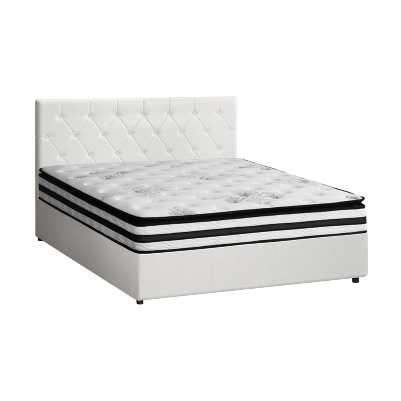 Oikiture Bed Frame Queen Size Gas Lift with Mattress White Leather