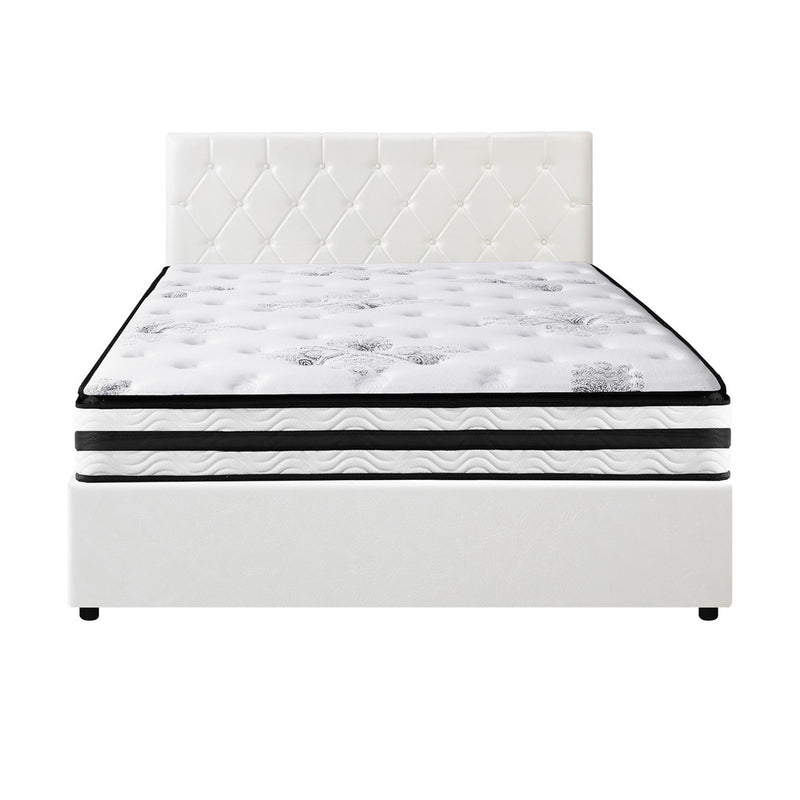Oikiture Bed Frame Queen Size Gas Lift with Mattress White Leather