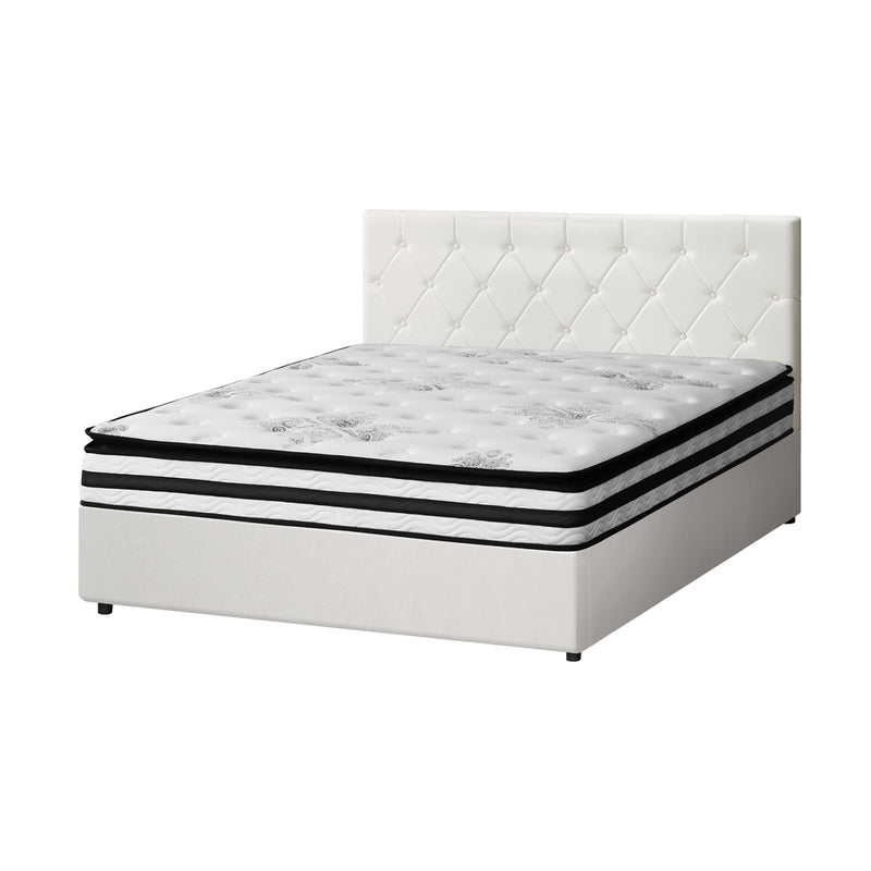 Oikiture Bed Frame Queen Size Gas Lift with Mattress White Leather
