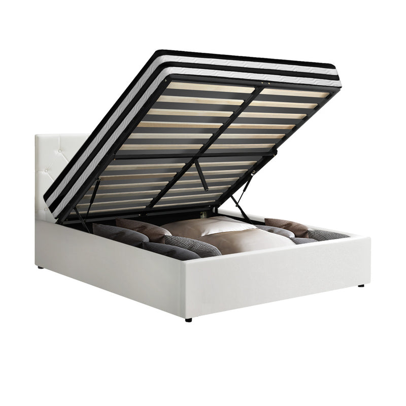 Oikiture Bed Frame Queen Size Gas Lift with Mattress White Leather