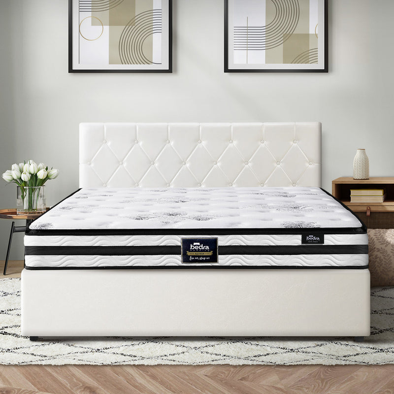 Oikiture Bed Frame Queen Size Gas Lift with Mattress White Leather