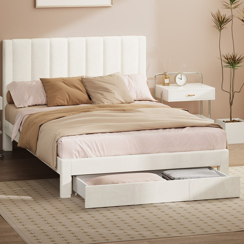 Oikiture Double Bed Frame Headboard Platform Base with Drawer Beige