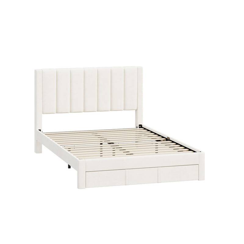 Oikiture Double Bed Frame Headboard Platform Base with Drawer Beige
