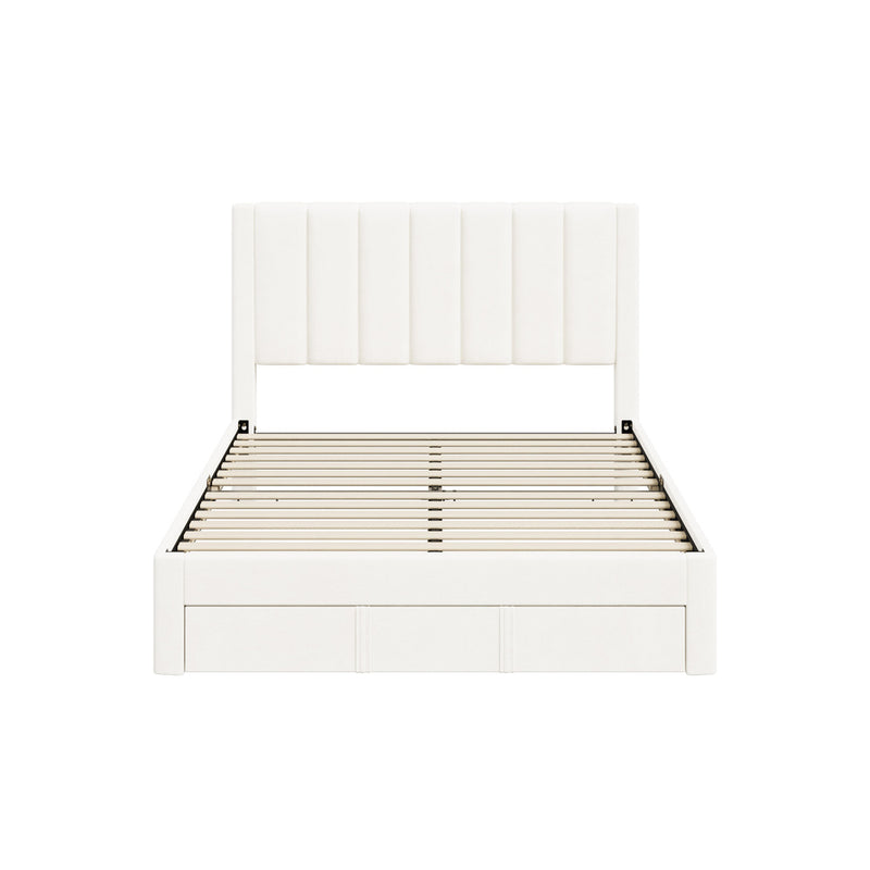 Oikiture Double Bed Frame Headboard Platform Base with Drawer Beige