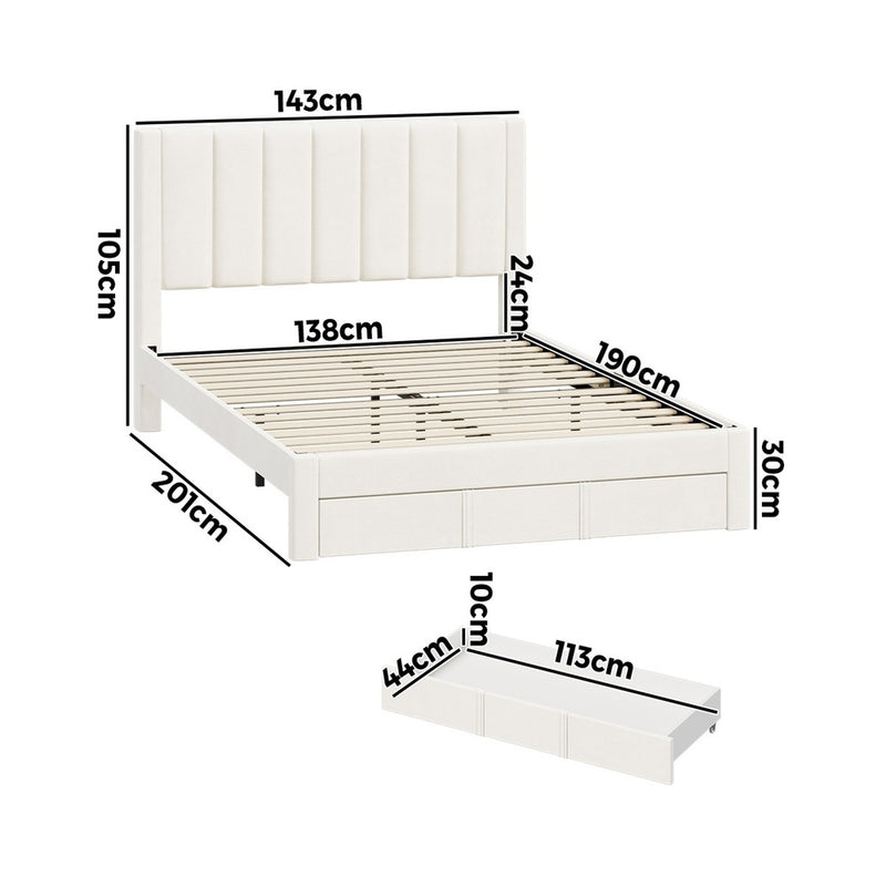Oikiture Double Bed Frame Headboard Platform Base with Drawer Beige
