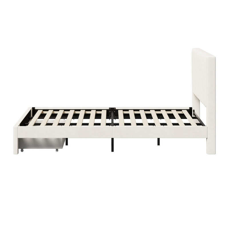 Oikiture Double Bed Frame Headboard Platform Base with Drawer Beige