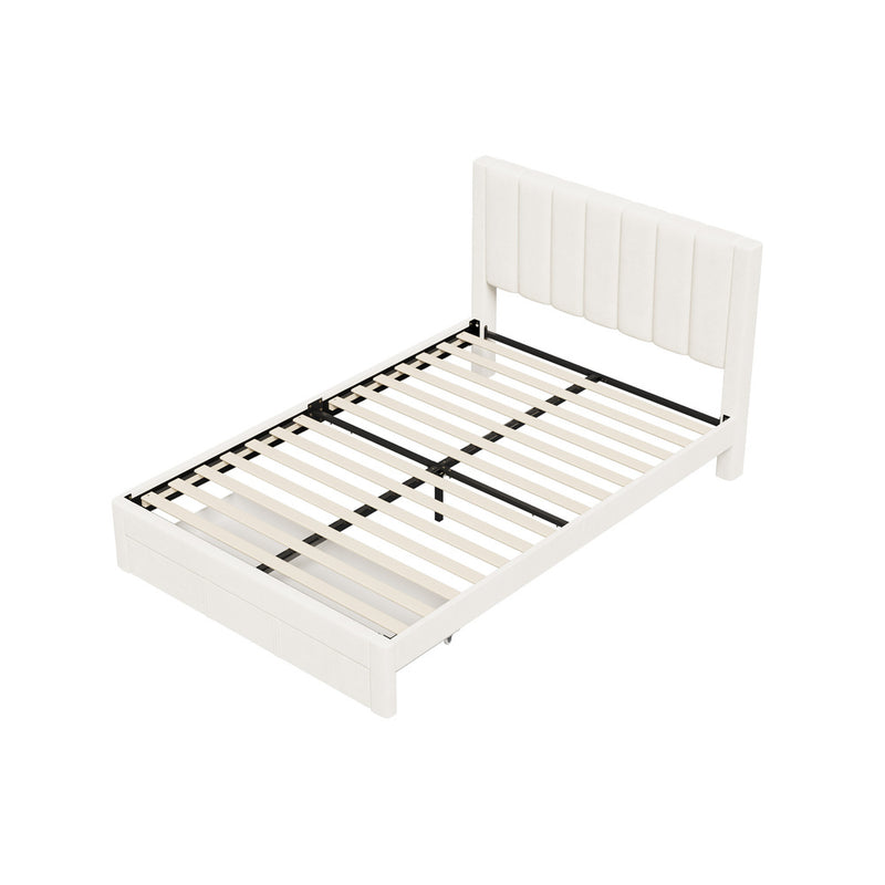 Oikiture Double Bed Frame Headboard Platform Base with Drawer Beige