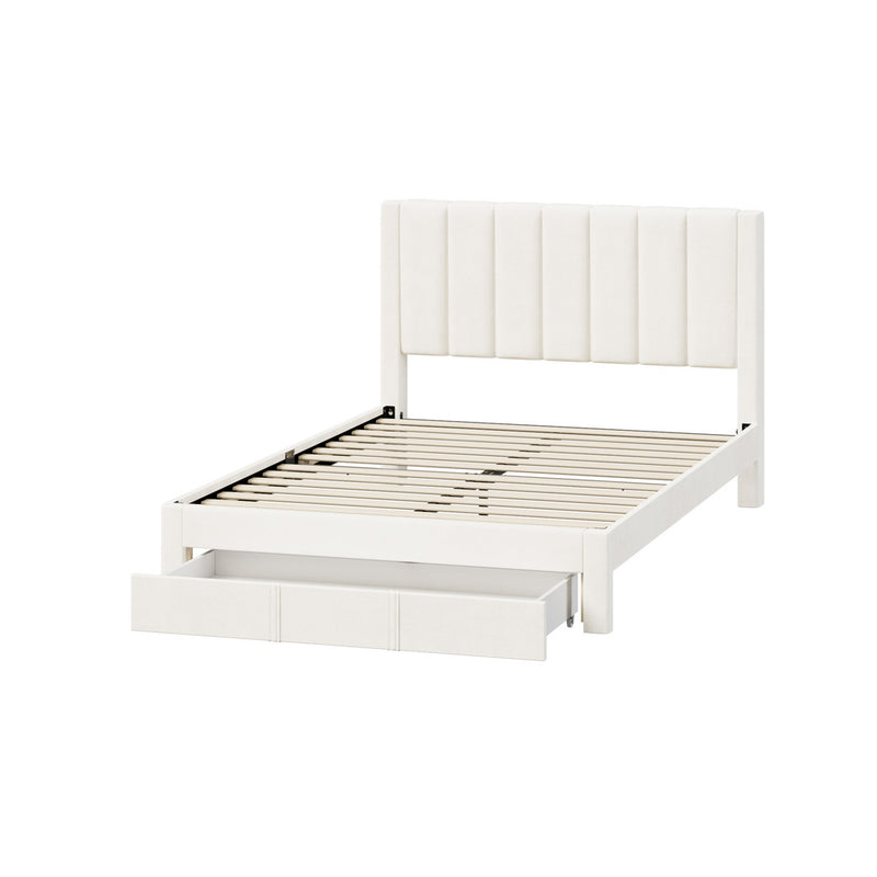 Oikiture Double Bed Frame Headboard Platform Base with Drawer Beige