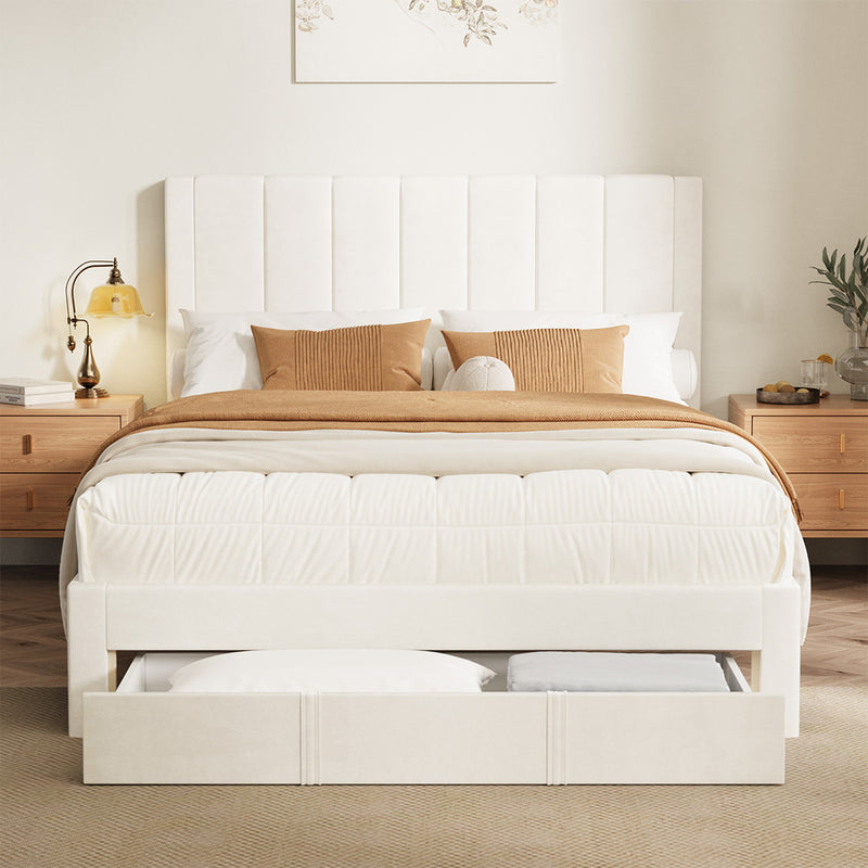 Oikiture Double Bed Frame Headboard Platform Base with Drawer Beige